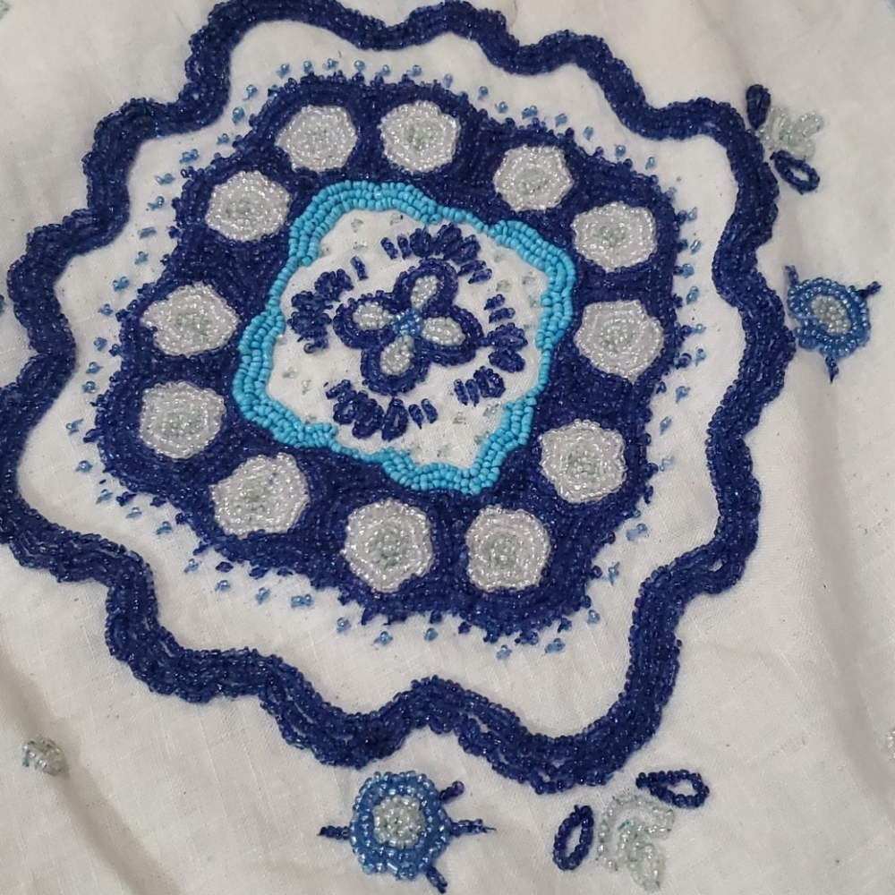 White linen beaded throw pillow cover